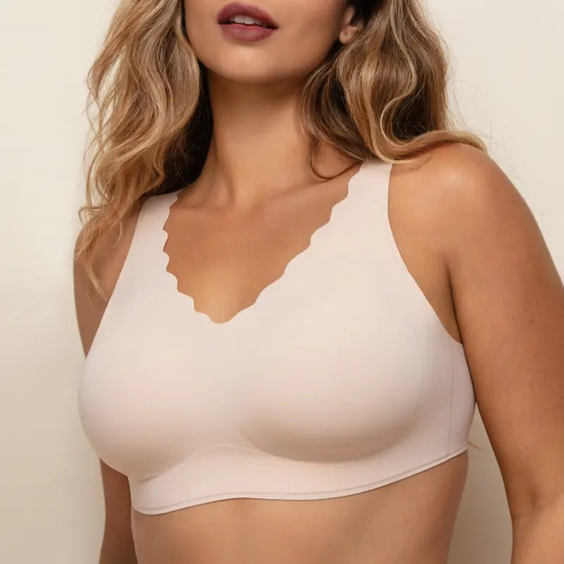 Women's Seamless Bras, No Underwire Scalloped Bras Soft V Neck Full Coverage Everyday Bra