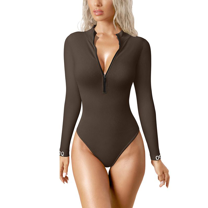 Bodysuits Sexy Ribbed One Piece Zip Front Long Sleeve Tops Bodysuits