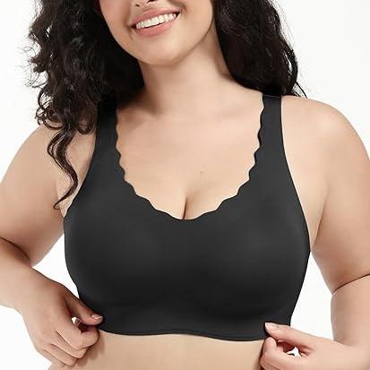 Women's Seamless Bras, No Underwire Scalloped Bras Soft V Neck Full Coverage Everyday Bra