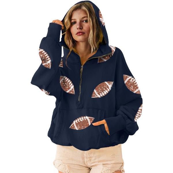 Game Day Sweatshirts Football Sequin Hoodies Tailgate Outfits Long Sleeve Zipper Sweaters with Pocket