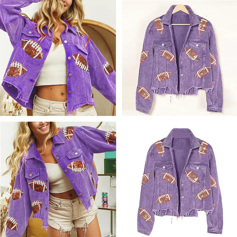 Women's Game Day Corduroy Sequin Football Cropped Jacket Rugby Oversized Lapel Button Down Shirt Shacket Coat