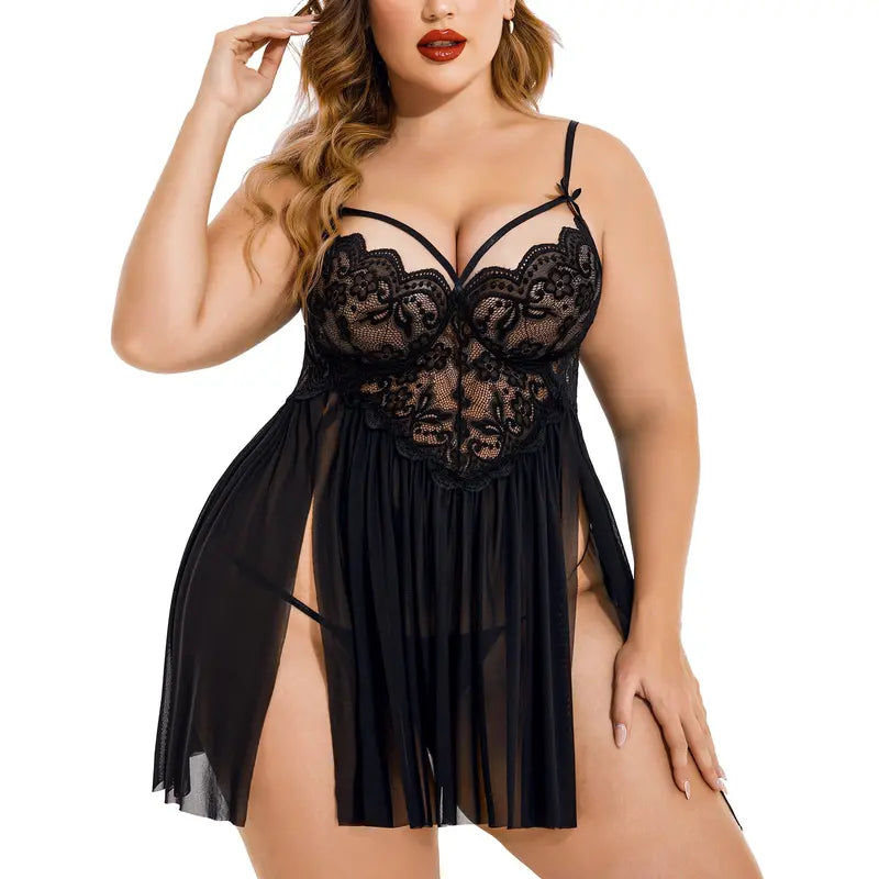 Plus Size Side Slit Lace Nightgown V Neck Nighty Sleepwear