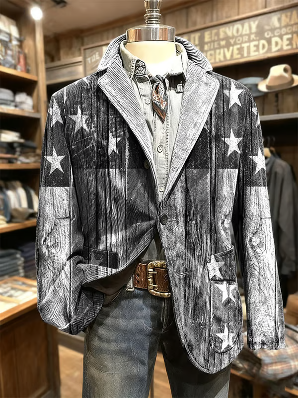 Men's Retro Western Flag Print Casual Blazer