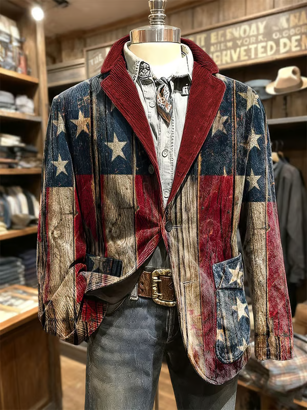 Men's Retro Western Flag Print Casual Blazer