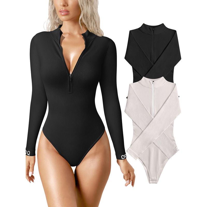 Bodysuits Sexy Ribbed One Piece Zip Front Long Sleeve Tops Bodysuits