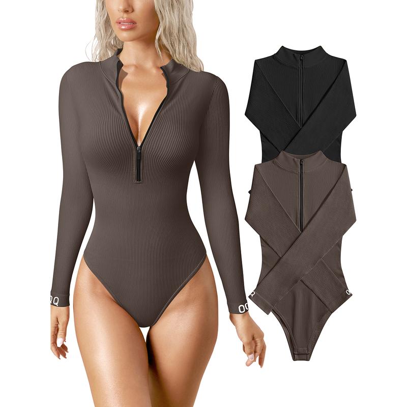 Bodysuits Sexy Ribbed One Piece Zip Front Long Sleeve Tops Bodysuits