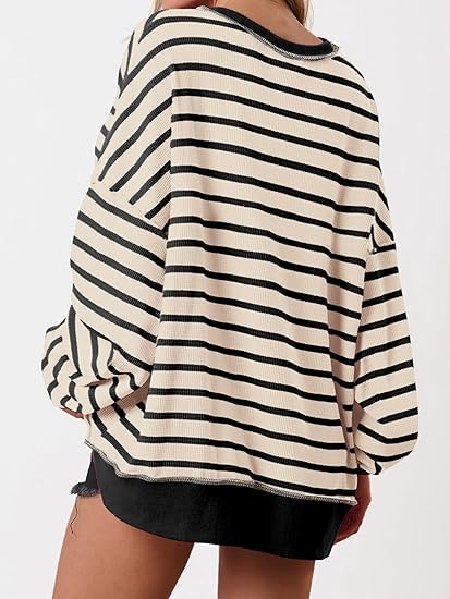 Womens Fall 2025 Striped Oversized Sweatshirt Long Sleeve Button Up Henley Neck Waffle Knit Pullover Tunic Tops