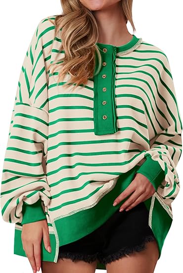 Womens Fall 2025 Striped Oversized Sweatshirt Long Sleeve Button Up Henley Neck Waffle Knit Pullover Tunic Tops