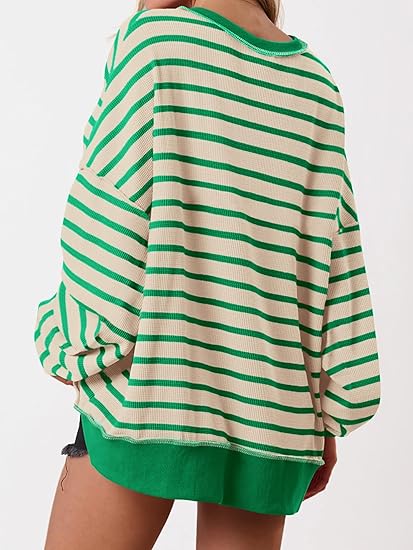 Womens Fall 2025 Striped Oversized Sweatshirt Long Sleeve Button Up Henley Neck Waffle Knit Pullover Tunic Tops