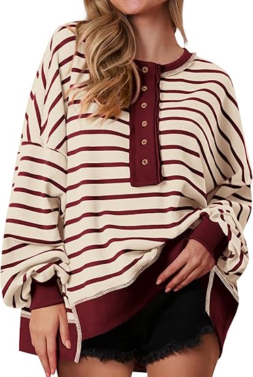 Womens Fall 2025 Striped Oversized Sweatshirt Long Sleeve Button Up Henley Neck Waffle Knit Pullover Tunic Tops