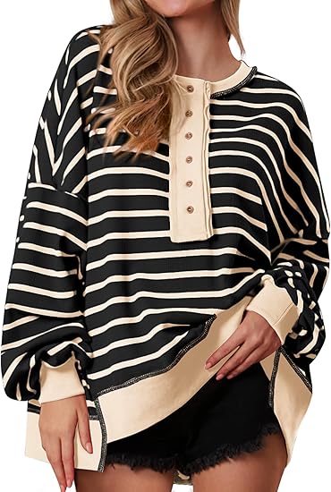 Womens Fall 2025 Striped Oversized Sweatshirt Long Sleeve Button Up Henley Neck Waffle Knit Pullover Tunic Tops