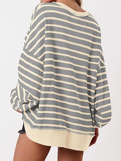 Womens Fall 2025 Striped Oversized Sweatshirt Long Sleeve Button Up Henley Neck Waffle Knit Pullover Tunic Tops