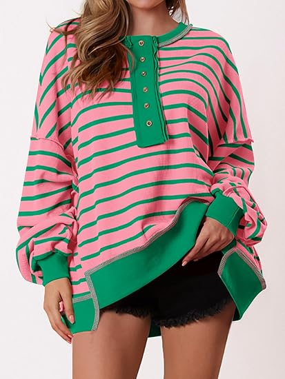 Womens Fall 2025 Striped Oversized Sweatshirt Long Sleeve Button Up Henley Neck Waffle Knit Pullover Tunic Tops