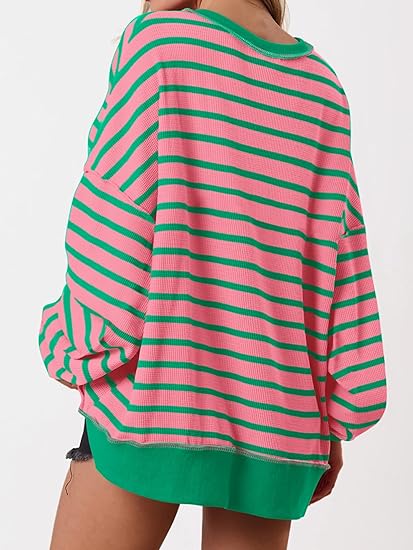 Womens Fall 2025 Striped Oversized Sweatshirt Long Sleeve Button Up Henley Neck Waffle Knit Pullover Tunic Tops