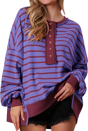 Womens Fall 2025 Striped Oversized Sweatshirt Long Sleeve Button Up Henley Neck Waffle Knit Pullover Tunic Tops