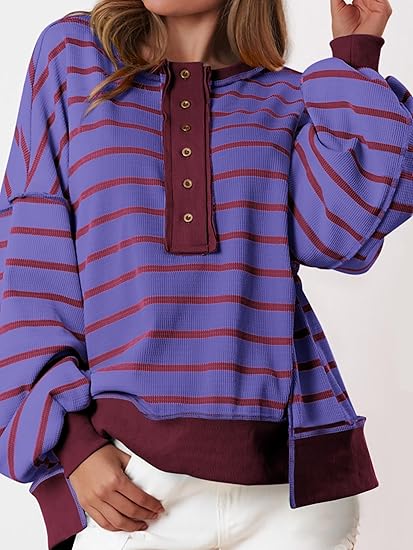 Womens Fall 2025 Striped Oversized Sweatshirt Long Sleeve Button Up Henley Neck Waffle Knit Pullover Tunic Tops