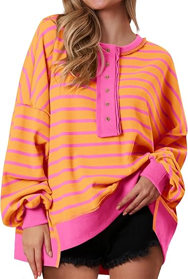 Womens Fall 2025 Striped Oversized Sweatshirt Long Sleeve Button Up Henley Neck Waffle Knit Pullover Tunic Tops