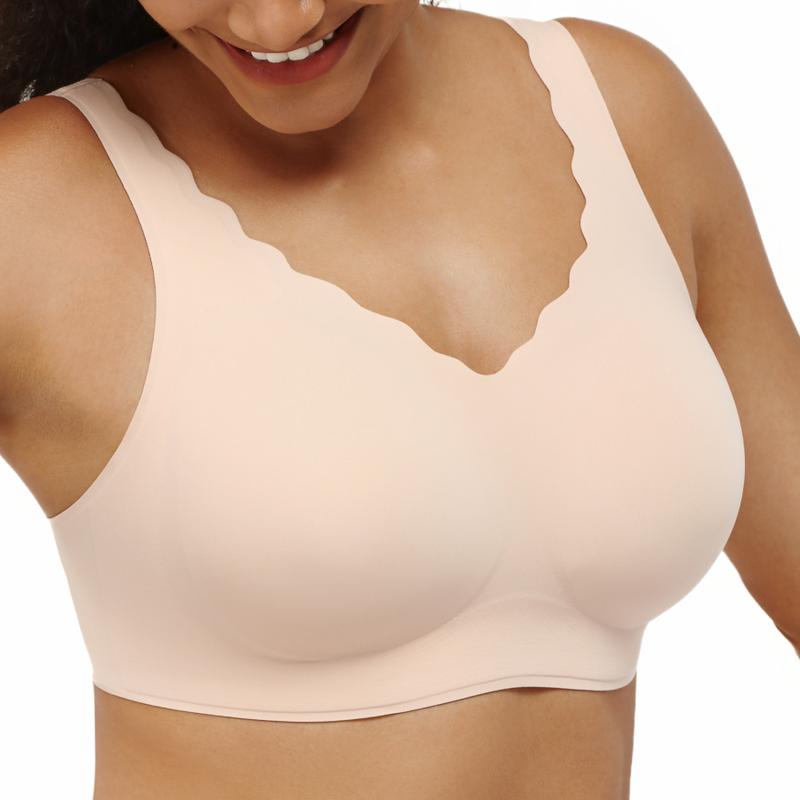 Women's Seamless Bras, No Underwire Scalloped Bras Soft V Neck Full Coverage Everyday Bra