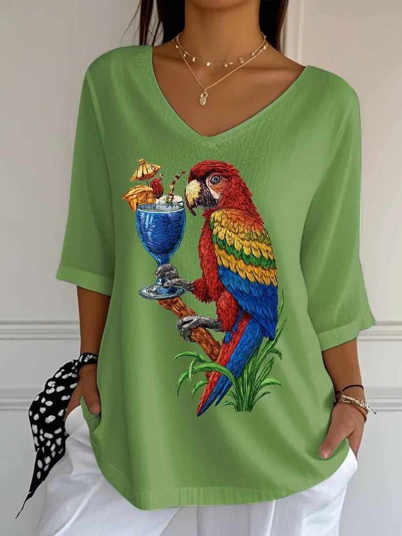 Women's Retro Parrot Margarita Print Mid Sleeve T-Shirt