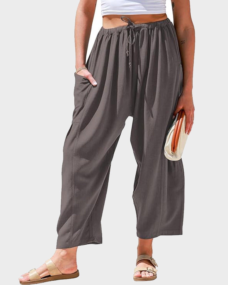 Womens Linen Wide Leg Pants Casual Loose Beach Palazzo Harem Pants with Pockets