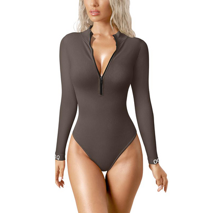 Bodysuits Sexy Ribbed One Piece Zip Front Long Sleeve Tops Bodysuits