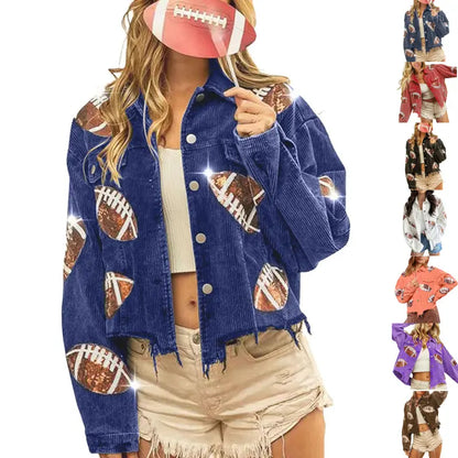Women's Game Day Corduroy Sequin Football Cropped Jacket Rugby Oversized Lapel Button Down Shirt Shacket Coat