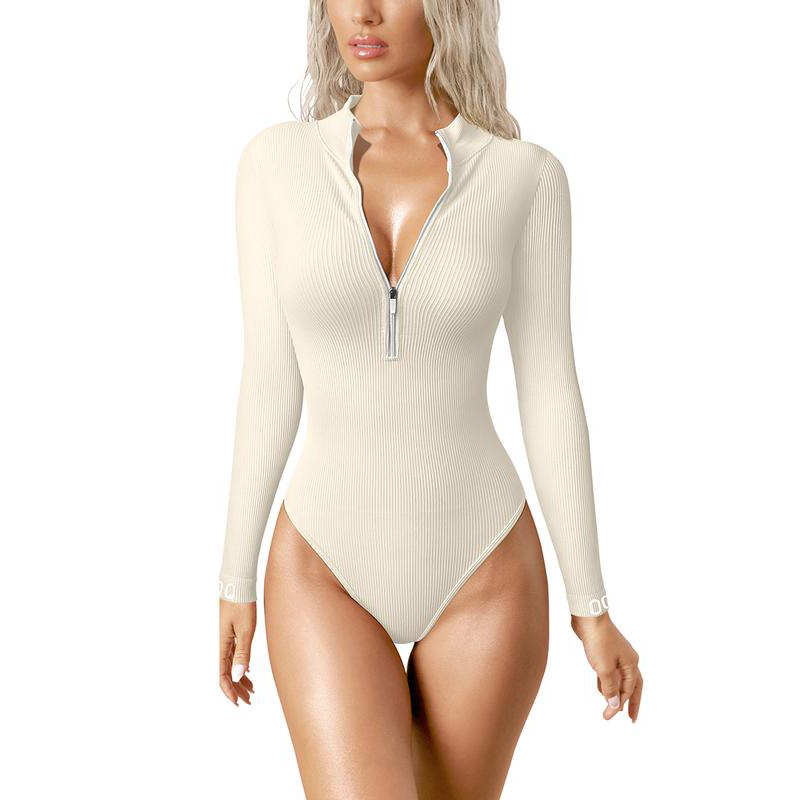 Bodysuits Sexy Ribbed One Piece Zip Front Long Sleeve Tops Bodysuits