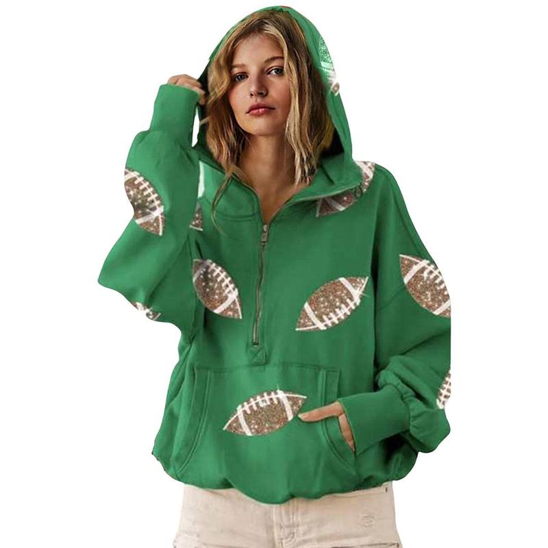 Game Day Sweatshirts Football Sequin Hoodies Tailgate Outfits Long Sleeve Zipper Sweaters with Pocket