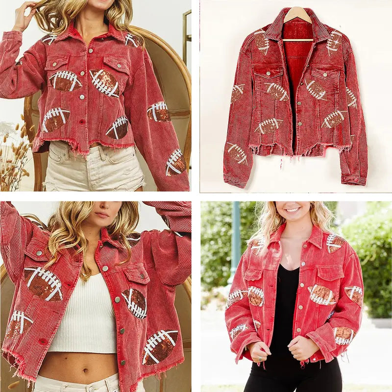 Women's Game Day Corduroy Sequin Football Cropped Jacket Rugby Oversized Lapel Button Down Shirt Shacket Coat