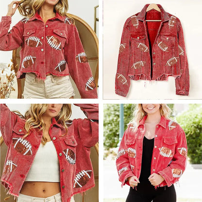 Women's Game Day Corduroy Sequin Football Cropped Jacket Rugby Oversized Lapel Button Down Shirt Shacket Coat