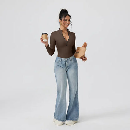 Bodysuits Sexy Ribbed One Piece Zip Front Long Sleeve Tops Bodysuits