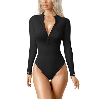 Bodysuits Sexy Ribbed One Piece Zip Front Long Sleeve Tops Bodysuits