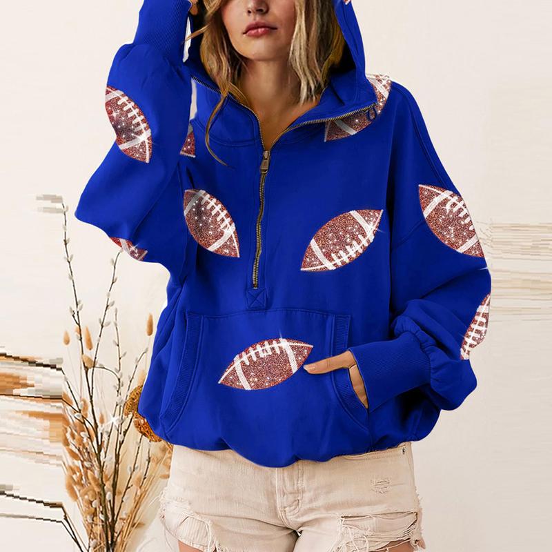 Game Day Sweatshirts Football Sequin Hoodies Tailgate Outfits Long Sleeve Zipper Sweaters with Pocket
