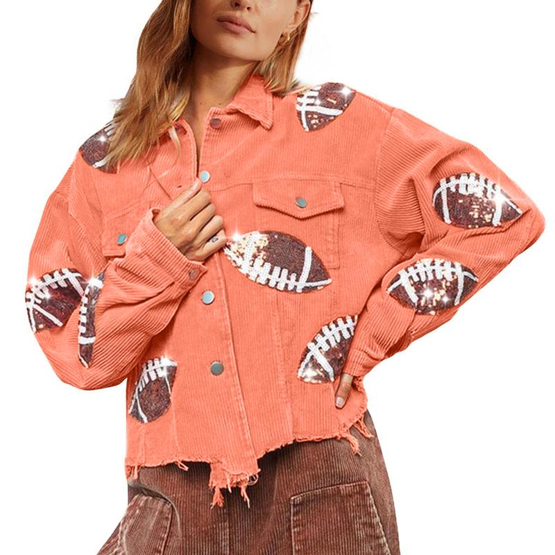 Women's Game Day Corduroy Sequin Football Cropped Jacket Rugby Oversized Lapel Button Down Shirt Shacket Coat