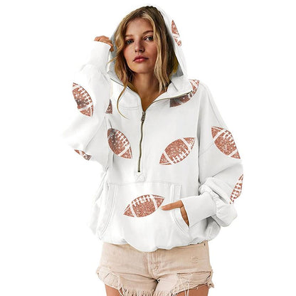 Game Day Sweatshirts Football Sequin Hoodies Tailgate Outfits Long Sleeve Zipper Sweaters with Pocket