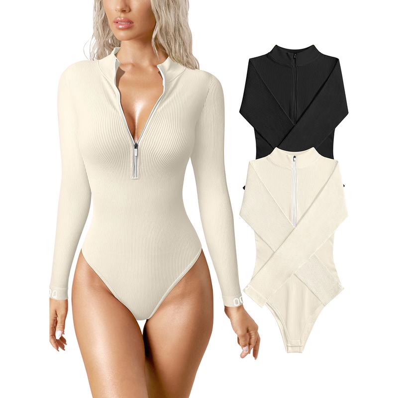 Bodysuits Sexy Ribbed One Piece Zip Front Long Sleeve Tops Bodysuits
