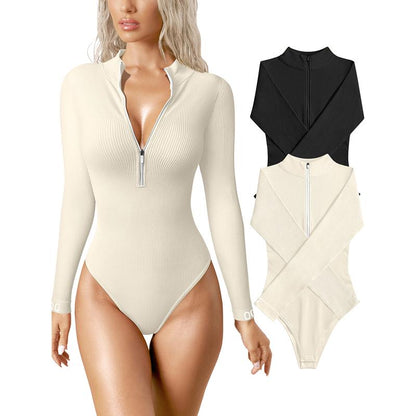 Bodysuits Sexy Ribbed One Piece Zip Front Long Sleeve Tops Bodysuits