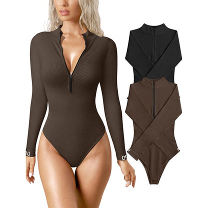 Bodysuits Sexy Ribbed One Piece Zip Front Long Sleeve Tops Bodysuits