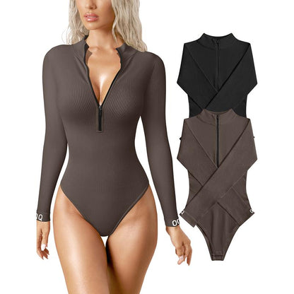 Bodysuits Sexy Ribbed One Piece Zip Front Long Sleeve Tops Bodysuits