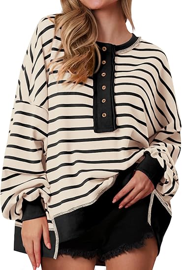 Womens Fall 2025 Striped Oversized Sweatshirt Long Sleeve Button Up Henley Neck Waffle Knit Pullover Tunic Tops