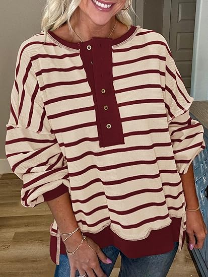 Womens Fall 2025 Striped Oversized Sweatshirt Long Sleeve Button Up Henley Neck Waffle Knit Pullover Tunic Tops