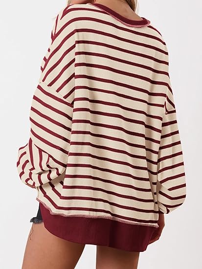 Womens Fall 2025 Striped Oversized Sweatshirt Long Sleeve Button Up Henley Neck Waffle Knit Pullover Tunic Tops