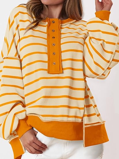 Womens Fall 2025 Striped Oversized Sweatshirt Long Sleeve Button Up Henley Neck Waffle Knit Pullover Tunic Tops