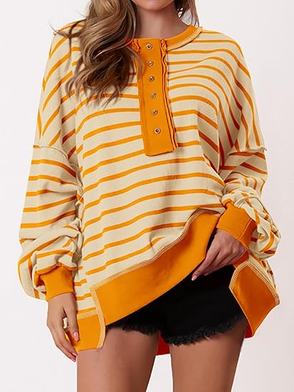 Womens Fall 2025 Striped Oversized Sweatshirt Long Sleeve Button Up Henley Neck Waffle Knit Pullover Tunic Tops