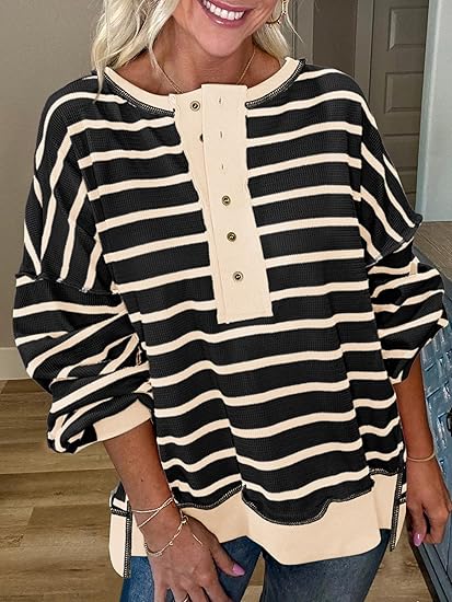Womens Fall 2025 Striped Oversized Sweatshirt Long Sleeve Button Up Henley Neck Waffle Knit Pullover Tunic Tops