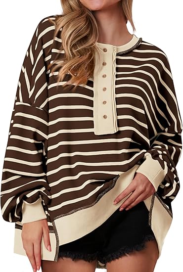 Womens Fall 2025 Striped Oversized Sweatshirt Long Sleeve Button Up Henley Neck Waffle Knit Pullover Tunic Tops
