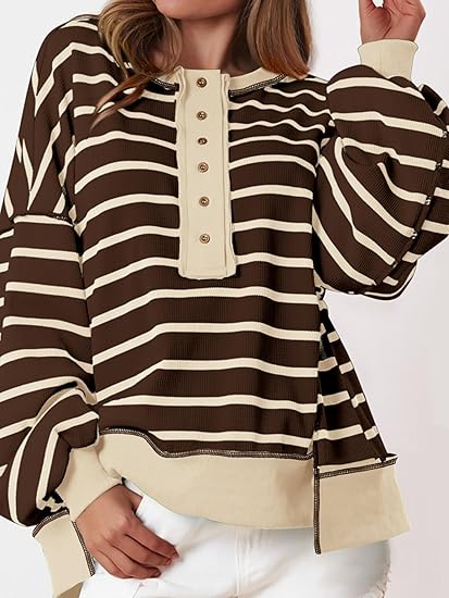 Womens Fall 2025 Striped Oversized Sweatshirt Long Sleeve Button Up Henley Neck Waffle Knit Pullover Tunic Tops