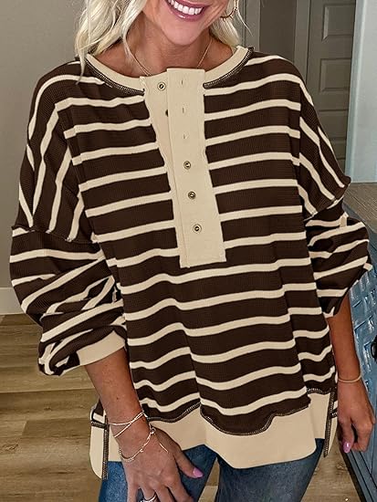 Womens Fall 2025 Striped Oversized Sweatshirt Long Sleeve Button Up Henley Neck Waffle Knit Pullover Tunic Tops