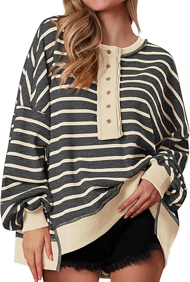 Womens Fall 2025 Striped Oversized Sweatshirt Long Sleeve Button Up Henley Neck Waffle Knit Pullover Tunic Tops