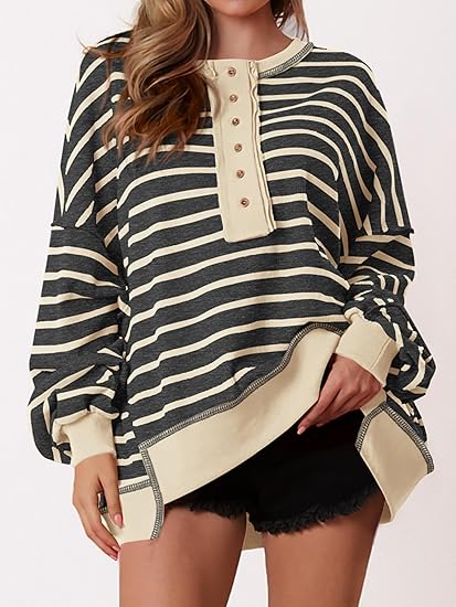 Womens Fall 2025 Striped Oversized Sweatshirt Long Sleeve Button Up Henley Neck Waffle Knit Pullover Tunic Tops